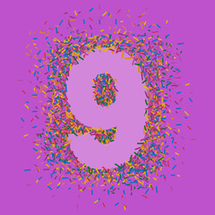 Number 9 made out of multicolored confetti. Nine Years celebration concept. 