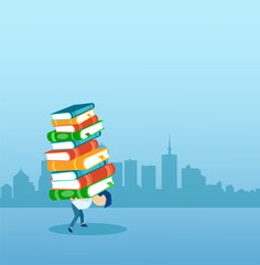 Vector of a boy carrying on his back a pile of books