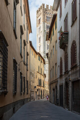 Street in Lucca, a city in Tuscany in Italy, on the background the bell tower of the Basilica of San Frediano.