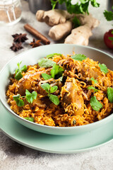 Delicious chicken biryani in a bowl