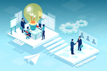 Vector of businesspeople working in open space office brainstorming new ideas creating partnerships around the world