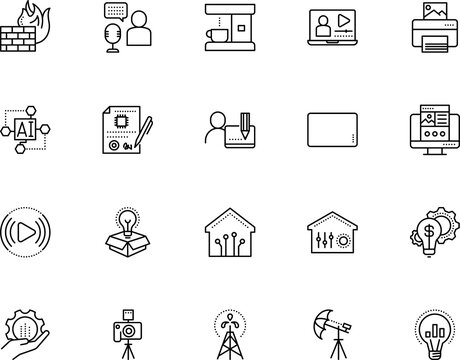 technology vector icon set such as: company, bug, coin, mono, copy, diesel, drilling, customer, workspace, ink, resource, breakfast, statistics, social, ai, hacker, tower, pencil, oil, block