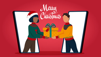 Vector of a man and woman communicating via mobile app exchanging with Christmas gifts online