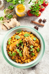 Delicious chicken biryani in a bowl