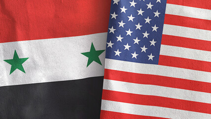 United States and Syria two flags textile cloth 3D rendering