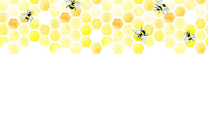 watercolor seamless border, frame with cute bees and honeycomb. print, banner, on the topic of beekeeping, farming of ecological products. seamless yellow background