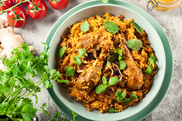 Delicious chicken biryani in a bowl