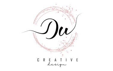 Handwritten Du D u letter logo with sparkling circles with pink glitter.