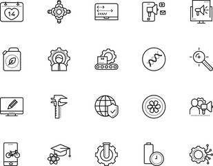 technology vector icon set such as: physics, micro, efficient, february, teaching, charge, gauge, write, meter, bioinformatics, html, hat, loudspeaker, turbine, coding, api, chromosome, rule