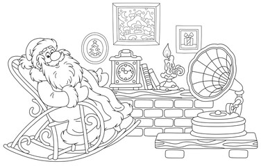 Santa Claus sitting in his creaking rocking chair, resting after a winter walk in a snowy forest and listening to music from an old gramophone in a cozy warm hall, vector cartoon illustration