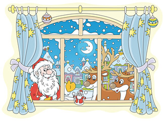 Santa Claus and his magic reindeer peeping into a room through a window with curtains on the snowy night before Christmas in a snow-covered small town, vector cartoon illustration