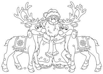 Plakat Santa Claus embracing his magic reindeer, black and white outline vector cartoon illustration for a coloring book page