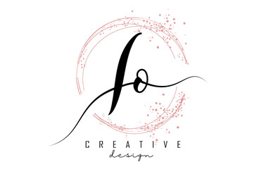 Handwritten IO I O letter logo with sparkling circles with pink glitter.