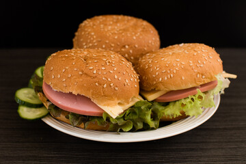 Close-up of a delicious fresh homemade Burger with lettuce, cheese, onion and tomatoes on a dark background