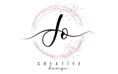 Handwritten JO J O letter logo with sparkling circles with pink glitter.