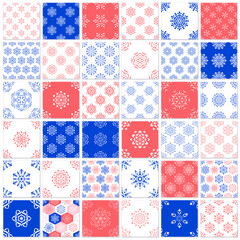 A set of seamless winter patterns with snowflakes. Design for Christmas packaging or fabrics.