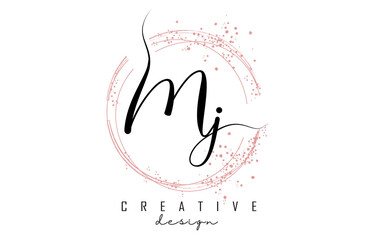 Handwritten MJ M J letter logo with sparkling circles with pink glitter.