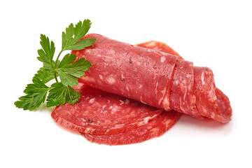 Spanish salchichon sausage, isolated on white background