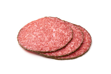 Sliced Salami with spices, isolated on white background