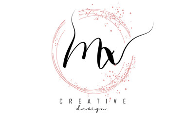 Handwritten MX M X letter logo with sparkling circles with pink glitter.