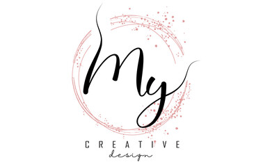 Handwritten MY M Y letter logo with sparkling circles with pink glitter.