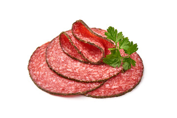 Sliced Salami with spices, isolated on white background