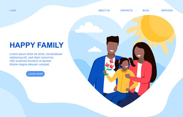 Happy family concept. Young beautiful mom and dad holding little daughter in arms and smiling. Flat cartoon vector illustration with fictional characters. Website, web page or landing page template.