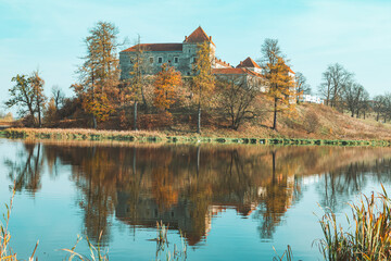 Fototapeta premium view of old european castle lake in front
