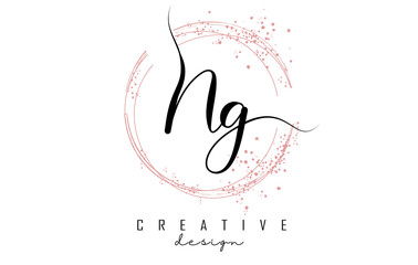 Handwritten NG N G letter logo with sparkling circles with pink glitter.