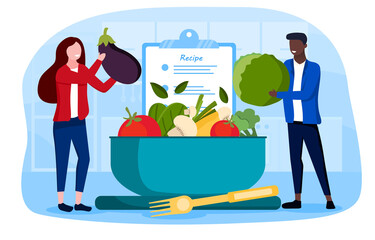 Healthy eating abstract concept with diverse multiracial couple young man and woman preparing recipe vegetable salad. Flat cartoon vector illustration with fictional characters