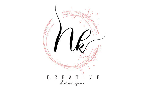 Handwritten NK N K letter logo with sparkling circles with pink glitter.