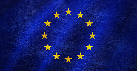 Waving European Union Flag with Grunge Effect. Waving Flag of Europe with Grunge Effect. Vintage wavy closeup EU flag, Grunge Effect, Illustration