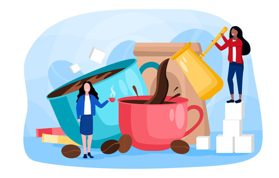 Abstract concept of making coffee. With giant mugs, cezve and other utensils, and tiny young women making coffe. Flat cartoon vector illustration with fictional characters.