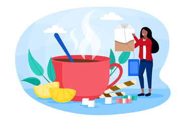 Abstract concept of making tea. With giant mug, lemon slices, other utensils, and tiny young woman holding huge tea bag. Flat cartoon vector illustration with fictional character isolated on white.
