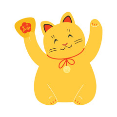 Japanese yellow traditional maneki neko cat with raised paws for attracting luck