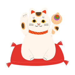 Japanese traditional white smiling maneki neko cat with raised paws
