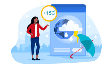 Fototapeta na wymiar Weather forecast concept with a girl telling viewers about the upcoming weather. Cool, rainy, cloudy weather forecast. Flat cartoon vector illustration with fictional character.