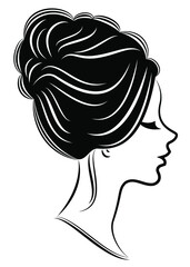 Silhouette of a profile of a sweet lady's head. The girl shows a female hairstyle on medium and long hair. Suitable for logo, advertising. Vector illustration.