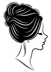 Silhouette of a profile of a sweet lady's head. The girl shows a female hairstyle on medium and long hair. Suitable for logo, advertising. Vector illustration.