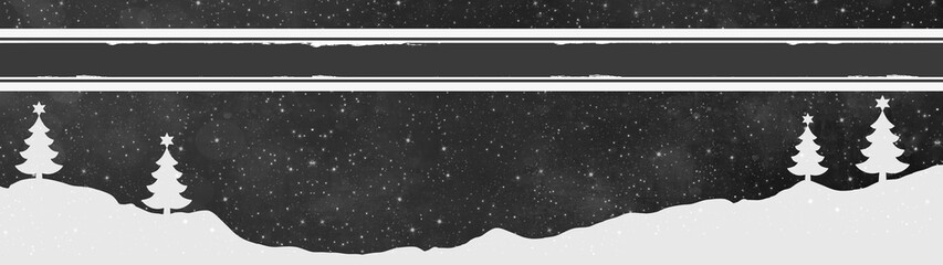 Winter / Christmas background banner panorama - Snow landscape with Christmas trees and snowflakes, isolated on black texture, with empty black banner, illustration