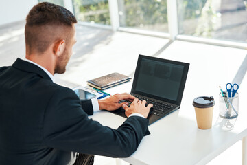 Back view of businessman working with laptop in modern office interior