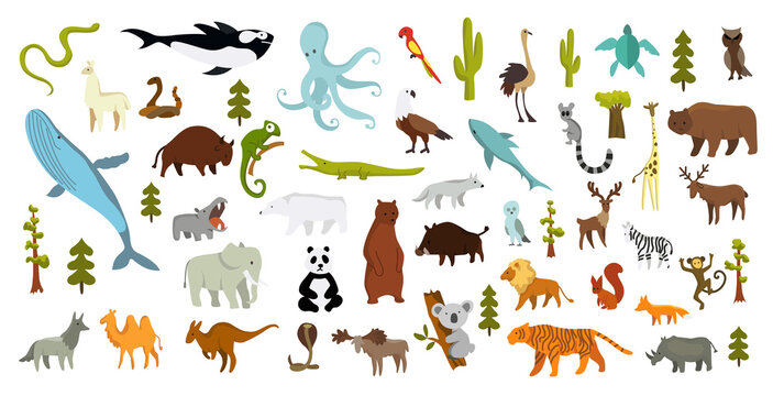 Cute animal vector illustration icon set isolated on a white background. Hand drawn animals. Icons for children with lots of animals bear elephant whale monkey giraffe. America, Europe, Asia, Africa