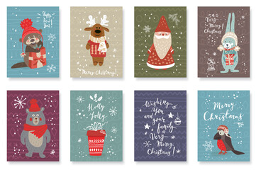 Christmas cards set with Santa, animals and Christmas elements
