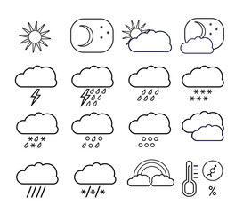 Weather linear icon set with symbols of rain, clouds, sun, vector illustration.