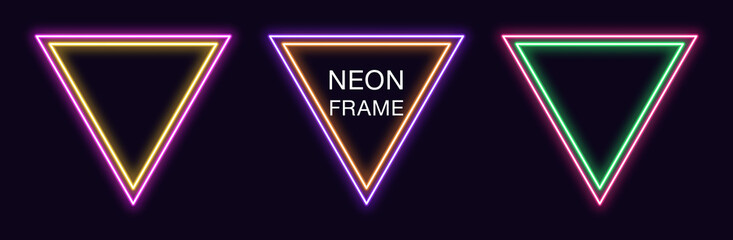 Neon triangle Frame. Set of triangular neon Border with double outline. Vector geometric shape