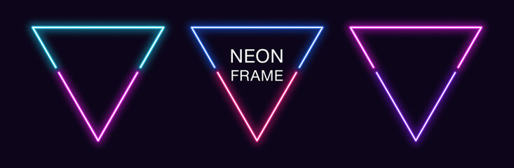 Fototapeta na wymiar Neon triangle Frame. Set of triangular neon Border in 2 outline parts. Geometric shape
