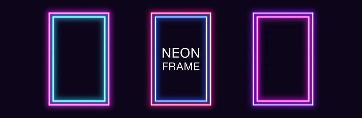 Neon rectangle Frame. Set of rectangular neon Border with double outline. Geometric shape © Дмитрий Майер
