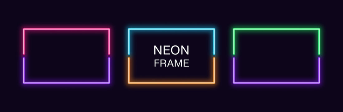 Neon rectangle Frame. Set of rectangular neon Border in 2 outline parts. Vector geometric shape