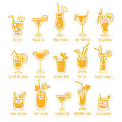 Beverages drinks silhouettes set with the names of the coctails, isolated on white background, doodles, hand drawn style. Vector illustration.