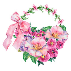 Spring basket flowers with ribbon painting in watercolor. Illustration on white background.